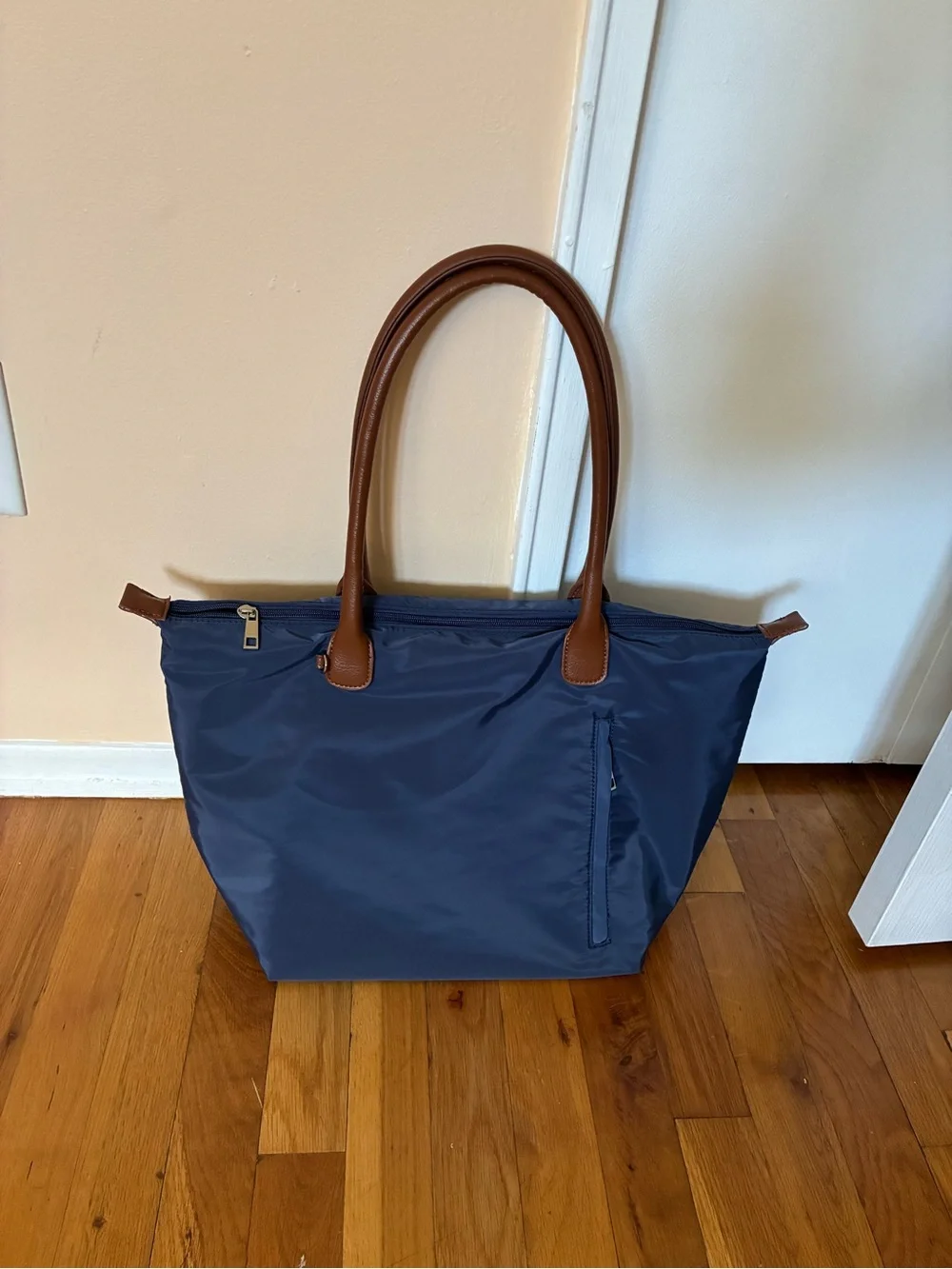 Navy Tote Bag with Brown Handles - Classic Women's Shoulder Bag